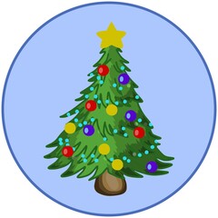 Vector illustration, elegant cartoon green Christmas tree, decorated with balls, design element, badge, emblem