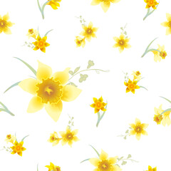 Seamless pattern with daffodils flowers - spring garden, light mood.