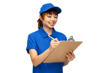 profession, job and people concept - happy smiling delivery woman in blue uniform with clipboard and pen over white background