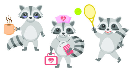 Set Abstract Collection Flat Cartoon Different Animal Raccons Tired With A Cup Of Coffee, Doctor With First Aid Kit, Plays Badminton Vector Design Style Elements Fauna Wildlife