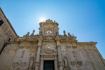 Sun light diffraction. Empty street low-angle architectural view, Lecce, Brindisi, Italy