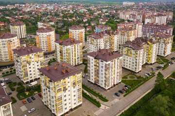 Obraz premium Aerial view of city residential area with high apartment buildings.
