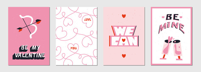 Set of greeting card about love.Trendy cover template vector illustration.Happy Valentine’s Day typography poster design.Holiday romantic postcard in retro style i  pink textured background