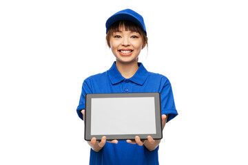 profession, job and people concept - happy smiling delivery woman in blue uniform with tablet pc computer over white background