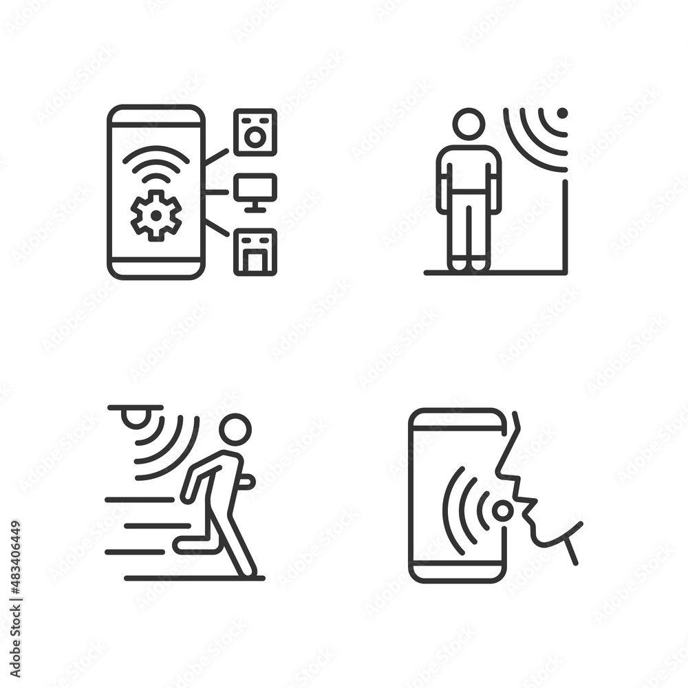 Poster sensor technology pixel perfect linear icons set. mobile application for remote control. innovative 