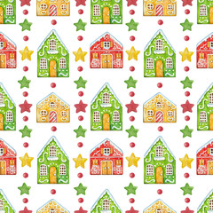 Fototapeta premium Watercolor seamless pattern with houses
