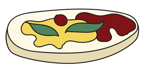 Doodle cartoon style bruschetta tapas canape appetizers with pate ketchup and mustard. Bar restaurant menu ads, card, farmers market food decor, website design