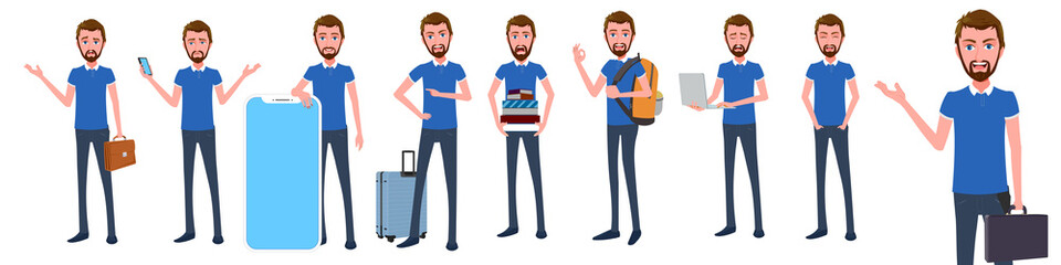 
Cartoon Young Business man poses with facial expressions vector
