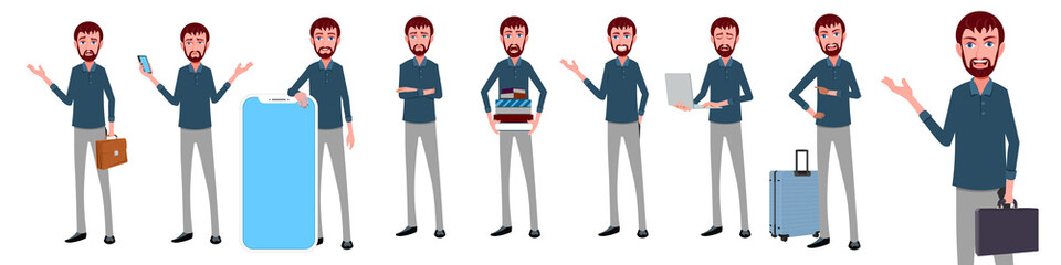 
Cartoon Young Business man poses with facial expressions vector
