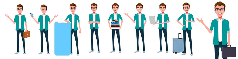 
Cartoon Young Business man poses with facial expressions vector
