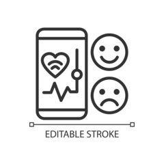 Mood monitoring pixel perfect linear icon. Mobile app for health tracking. Internet of Things. Thin line illustration. Contour symbol. Vector outline drawing. Editable stroke. Arial font used