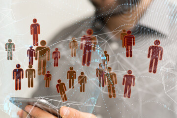 holding 3D rendering group of blue people