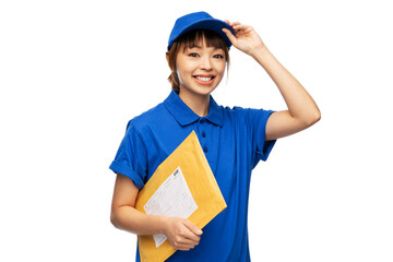 profession, job and people concept - happy smiling delivery woman in blue uniform holding parcel...