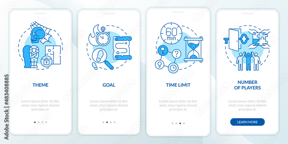 Aufkleber escape rooms components blue onboarding mobile app screen. time limit walkthrough 4 steps graphic in