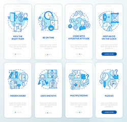 Escape room immersive experience blue onboarding mobile app screen set. Walkthrough 4 steps graphic instructions pages with linear concepts. UI, UX, GUI template. Myriad Pro-Bold, Regular fonts used