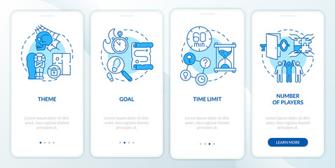 Escape rooms components blue onboarding mobile app screen. Time limit walkthrough 4 steps graphic instructions pages with linear concepts. UI, UX, GUI template. Myriad Pro-Bold, Regular fonts used