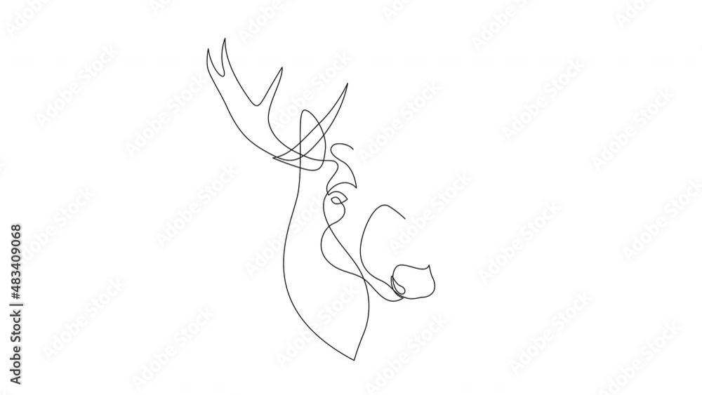 Poster self drawing simple animation of single continuous one line drawing of moose. drawing by hand, black