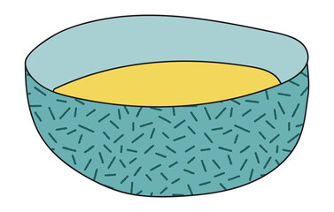 Doodle cartoon style yellow sweet honey in blue bowl vector illustration. Bar restaurant menu ads, poster, card, farmers market food decor, website design or stickers