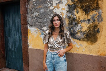 portrait of a beautiful woman in a nice dress with new hairs in funchal madeira portugal 