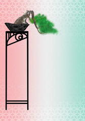 松の盆栽懸崖アール・デコ調台飾りピンク〜若竹色和文様グラデーション背景イラスト