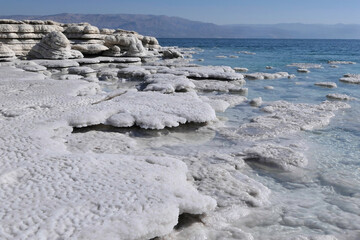 View of the beautiful patterns of the salt formations of the Dead Sea. Salt mushrooms