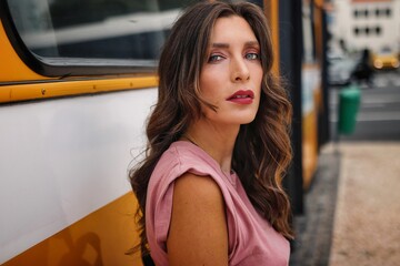 portrait of a beautiful woman in a nice dress with new hairs in funchal madeira portugal 