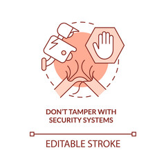 Dont tamper with security system terracotta concept icon. Intentional property damage abstract idea thin line illustration. Isolated outline drawing. Editable stroke. Arial, Myriad Pro-Bold fonts used
