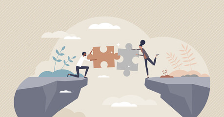 Bridging the gap and overcome couple relationship problem tiny person concept. Communication link and puzzle pieces connection as solution for settlement vector illustration. Together after separation - obrazy, fototapety, plakaty