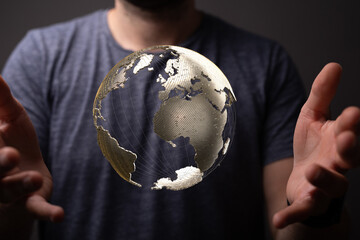 Digital hologram of the Earth with satellites on orbit. Digital globe with statistics data global