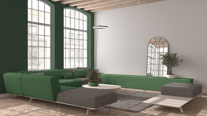 Modern living room in vintage apartment in beige and green tones with big old window, sofa with pillows, carpet, table. Classic parquet floor, wooden roof beams, interior design idea