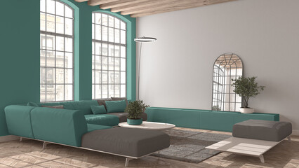 Modern living room in vintage apartment in beige and turquoise tones with big window, sofa with pillows, carpet, table. Classic parquet floor, wooden roof beams, interior design idea
