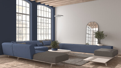 Modern living room in vintage apartment in beige and blue tones with big old window, sofa with pillows, carpet, table. Classic parquet floor, wooden roof beams, interior design idea
