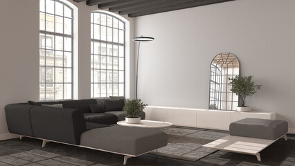 Modern living room in vintage apartment in beige and dark tones with big old window, sofa with pillows, carpet, table. Classic parquet floor, wooden roof beams, interior design idea