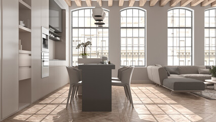Modern kitchen and living room in vintage apartment in beige tones with big windows, large sofa with pillows, island with chairs. Classic parquet, wooden roof beams, interior design