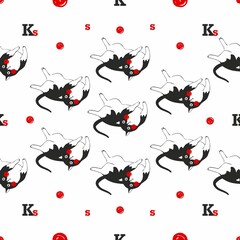 Seamless pattern with a cute colorful Cat with rosy cheeks. With letters, circles, dots-white background. Great for fabric, textile vector illustration.
