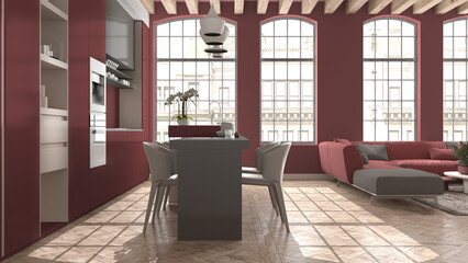 Modern kitchen and living room in vintage apartment in beige and red tones with big windows, sofa with table, island with chairs. Classic parquet, wooden roof beams, interior design