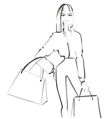 Shopping Sketch Fashion Illustration on a white background Woman with bags
