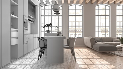 Fototapeta premium Architect interior designer concept: hand-drawn draft unfinished project that becomes real, kitchen, living and dining room. Classic parquet, wooden roof beams, interior design idea