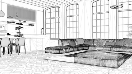 Blueprint project draft, modern kitchen and living room in vintage apartment with big windows, sofa and table, island with chairs. Classic parquet, wooden roof beams, interior design