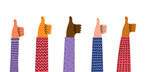 Feedback. Hands with thumbs up. Hand drawn doodle vector illustration. 