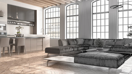 Architect interior designer concept: hand-drawn draft unfinished project that becomes real, kitchen, living and dining room. Classic parquet, wooden roof beams, interior design idea