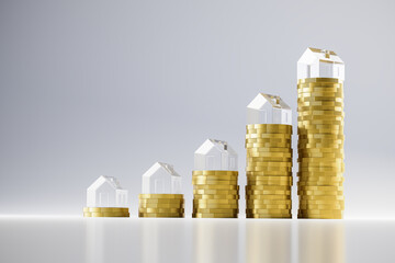 3d render: Rising stacks of Euro coins topped with model houses made from acrylic glass. Seamless white background and reflections. Concept for extreme rise of housing prices. - Powered by Adobe