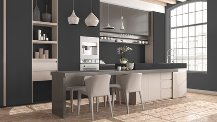 Modern kitchen with island in vintage apartment in beige and gray tones with big windows, dining table with chairs, pendant lamps. Classic parquet, wooden roof beams, interior design