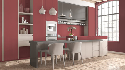 Modern kitchen with island in vintage apartment in beige and red tones with big windows, dining table with chairs, pendant lamps. Classic parquet, wooden roof beams, interior design