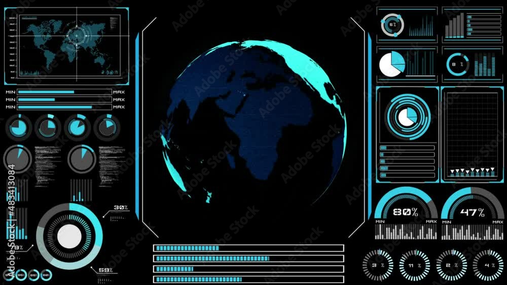 Poster futuristic vr head-up display design with orbital global network 3d rendering motion graphic . hud e