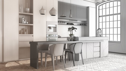 Architect interior designer concept: hand-drawn draft unfinished project that becomes real, kitchen and dining room with island. Classic parquet, wood roof beams, interior design idea