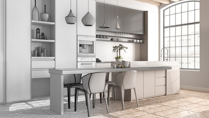 Architect interior designer concept: hand-drawn draft unfinished project that becomes real, kitchen and dining room with island. Classic parquet, wood roof beams, interior design idea