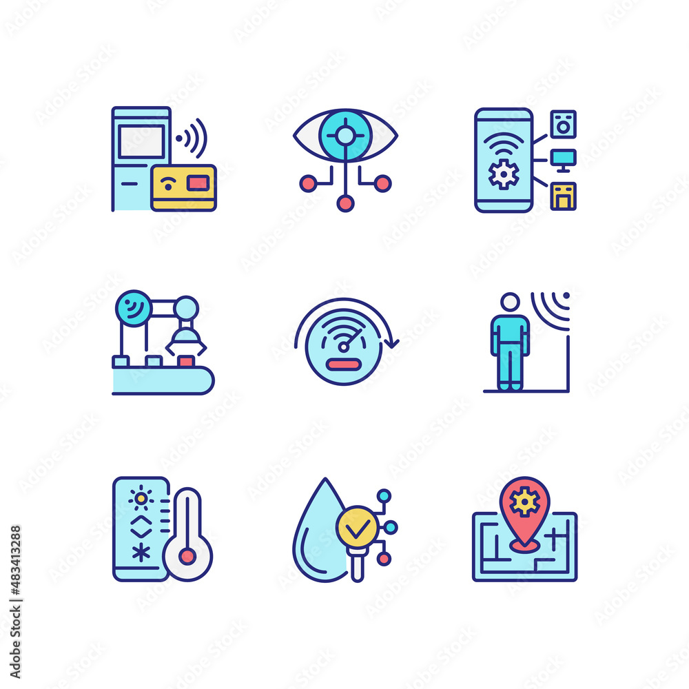 Poster innovative technology pixel perfect rgb color icons set. wireless access. device control. internet o