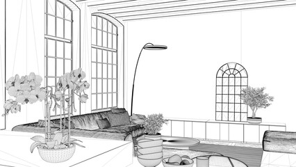 Blueprint project draft, modern kitchen and living room in vintage apartment in with windows, flowers close up, sofa and decors. Classic parquet, wooden roof beams, interior design