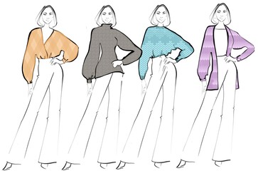 Outfits Sketch Fashion Illustration on a white background Woman autumn clothes Printed Jersey Coat

